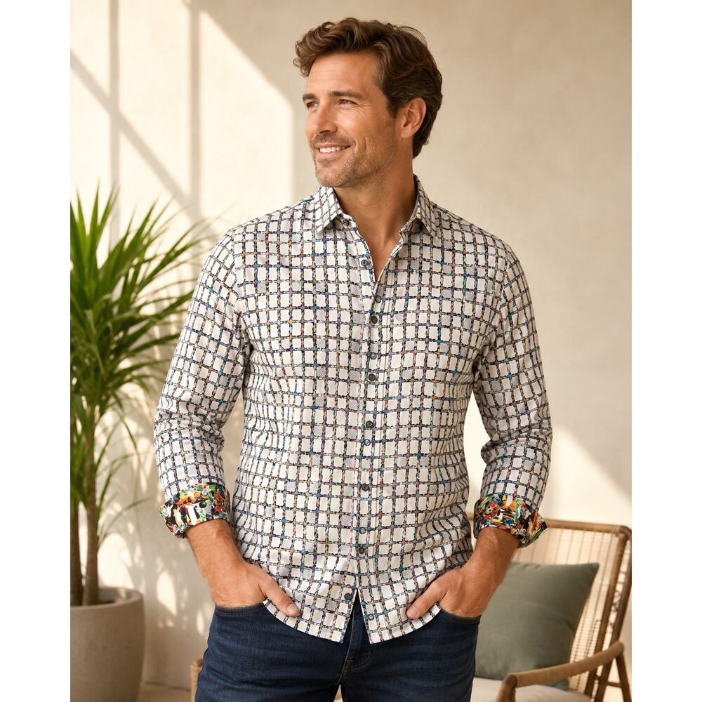 Robert Graham Marcel Shirt Large Multicolored Chain Link Button Up AOP MSRP $228